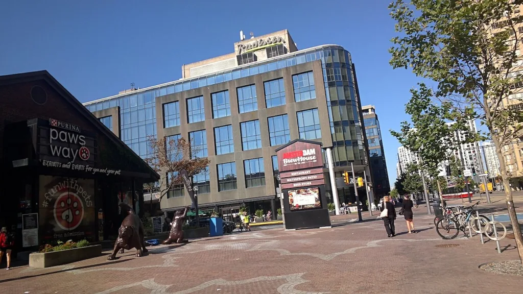 Toronto waterfront area showing a brewery and hotel
