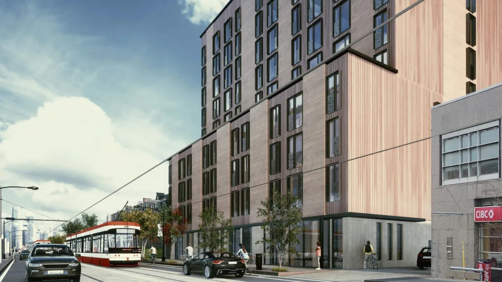 Rendering of Dundas West mass timber building affordable housing plans
