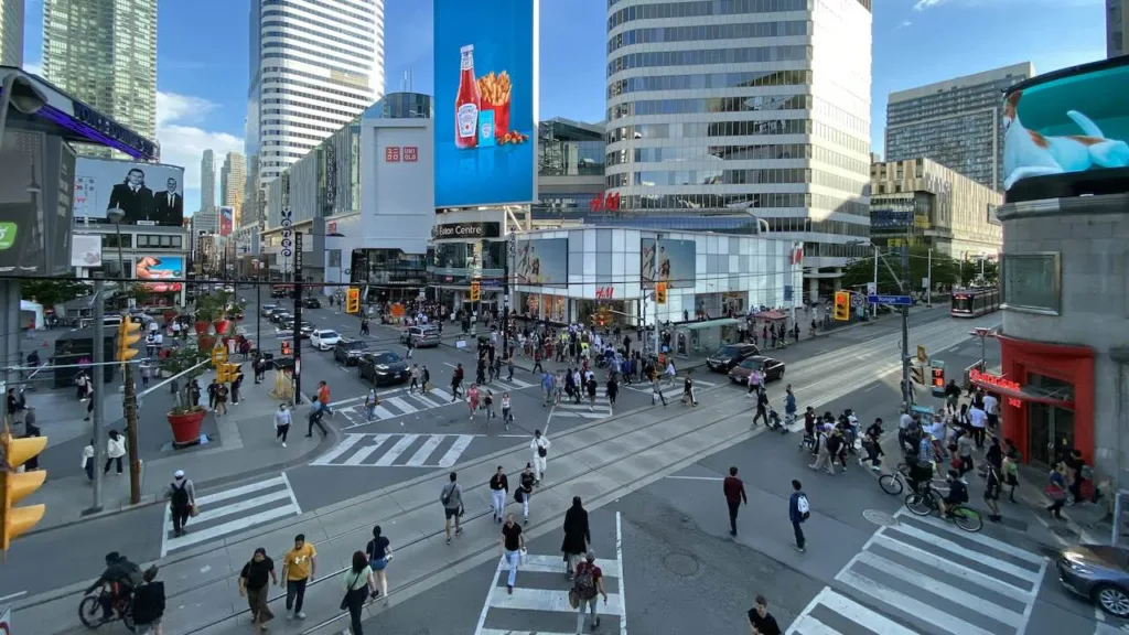 Pedestrian scramble intersection at Yonge and Dundas in Toronto